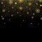 Christmas background with glitter and shining gold snowflakes. Golden glitter texture with glowing lights. Happy New Year design.