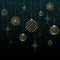 Christmas background Gold balls toys stars snowflakes glitter on a blue background Festive background for Christmas and New Year