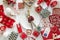 Christmas background with handmade presents wrapped in craft paper and tableware