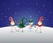 Christmas background. Happy friends three Gnomes and Snowman celebrate Christmas and New Year. Blue night winter landscape