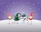 Christmas background. Happy friends three Gnomes and Snowman celebrate Christmas and New Year. Purple winter landscape