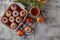 Christmas background of homemade oven baked apples, spices, nuts