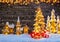 Christmas background with illuminated wooden village and christma