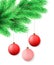 Christmas background. Merry Christmas postcard with fir tree branch and Christmas decorations