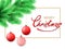 Christmas background. Merry Christmas postcard with fir tree branch and Christmas decorations, hanging balls.