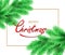 Christmas background. Merry Christmas postcard with fir tree branch and Christmas decorations, white background.