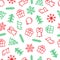 Christmas background with outline elements in green and red colors.