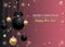 Christmas background pink elegant decorated golden and black Christmas baubles, balls with bow, snowflakes. New Year and Xmas