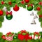 Christmas background with red and green balls, bells, gift boxes, fir-tree branches