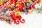 Christmas background with red Santa sleigh and Xmas gift on white snow with empty copy space