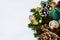 Christmas background with rustic homemade ornaments and fir bran