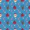 Christmas background. Seamless pattern with Santa Claus heads, deers, bags with gifts and sweets