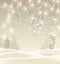 Christmas background in sepia tone, winter landscape with small electric lights, illustration