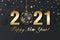 Christmas background with shining snowflake, ball and numerals 2021. Merry Christmas card illustration on black background with