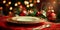 Christmas background showcasing a festive table setting with holiday-themed plates, napkins, and silverware.