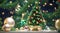 Christmas background with a small Christmas tree decorated with New Year\\\'s toys, empty copy space,