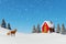 Christmas background, Small red cabin with snowman in winter landscape with stag deer and fawn