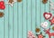 Christmas background, small scandinavian styled decorations lying on blue wooden backdrop, illustration