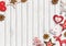 Christmas background, small scandinavian styled decorations lying on wooden desk, illustration