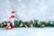 Christmas background with snowman, branches, ornaments , gingerbread man, lanscape image with empty space