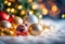 Christmas background with spruce branches decorated with Christmas baubles, snowflakes, and lights