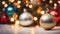 Christmas background with spruce branches decorated with Christmas baubles, snowflakes, and lights