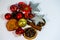 Christmas background, with star, Christmas balls, cinnamon, decoration