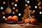 Christmas background - tangerines, cinnamon, bowl, wooden tree on dark with bokeh