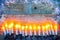 Christmas background top view candle garland greeting