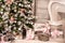 Christmas background - tree eve, fireplace decorations