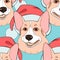 Christmas background vector seamless puppy. Corgi with Santa hat.