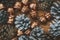 Christmas background.White cones and golden acorns.Wooden table