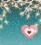 Christmas background, winter landscape with electric decorative lights and red heart in scandinavian style, illustration