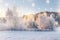 Christmas background. Winter morning. Nature winter landscape with shining color snowflakes on sun
