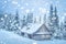 Christmas background. Winter scene with cozy wooden house in mountains in snowfall. Xmas scene. Winter landscape