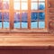 Christmas background with wooden empty table over window and winter nature landscape. Winter holiday house interior