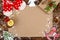 Christmas background.Xmas festive card.Top view.Kraft paper for holiday greetings.New Year , holidays concept.