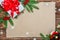 Christmas background.Xmas festive card.Top view.Kraft paper for holiday greetings.New Year , holidays concept.