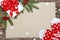 Christmas background.Xmas festive card.Top view.Kraft paper for holiday greetings.New Year , holidays concept.