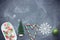 Christmas background with Xmas tree, Christmas ball, snowflake, candy cane
