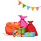 Christmas bags with gifts next to which there are boxes with gifts. Vector illustration