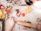 Christmas bakery: Little Girl rolling cookie dough