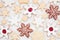 Christmas baking background with a variety of snowflake cookies on white marble