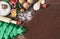 Christmas baking cake background. Ingredients and tools for baking - flour, eggs, silicone molds in the shape of a Christmas tree,