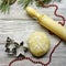 Christmas baking. Ginger dough for gingerbread, gingerbread men, stars, Christmas trees, rolling pin, flour. On the home kitchen w