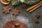 Christmas baking gingerbread with cutters and ingredients, traditional christmas background from above