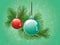 Christmas Ball Background, Showcasing Red and Green New Year balls and Lush Spruce Branches