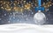 Christmas ball with blue bow, snowy night woodland landscape with falling snow, light garland, snowflakes for winter and new year