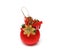 Christmas ball of red color with a goldish flower and ribbon by