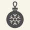 Christmas ball solid icon. Glass tree toy with snowflake glyph style pictogram on white background. Decoration ball for